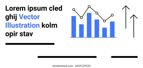 Blue bar graph with line chart, upward arrows indicating growth, black text, and underlining lines. Ideal for business analytics, financial reports, infographics, marketing materials, presentations