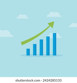 Blue bar graph showing growth with a green upward arrow, set against a sky-blue background with clouds.