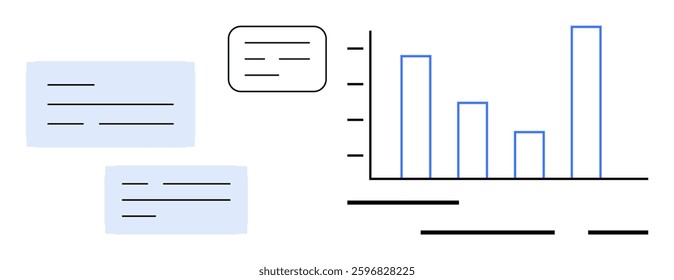 Blue bar graph and text bubbles representing business communication and data analysis. Ideal for business presentations, financial reports, project updates, data visualization, corporate strategy