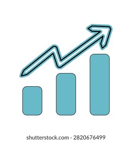 Blue bar graph with an upward pointing arrow symbolizing business growth, financial success, and statistical progress