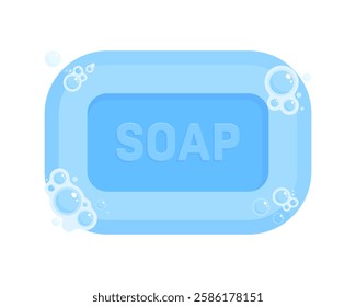 Blue bar of soap with foam and bubbles. Cleanliness, hygiene, and personal care concept. Flat vector illustration isolated on white background