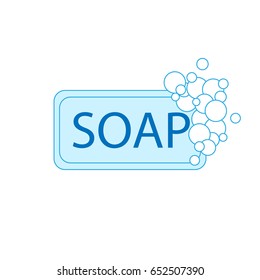 A blue bar of soap with foam on a white background