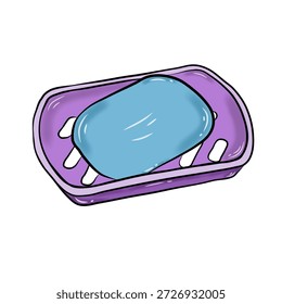 Una barra azul de jabón descansando en una jabonera púrpura.