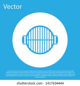 Blue Barbecue grill icon isolated on blue background. Top view of BBQ grill. Steel grid. White circle button. Vector Illustration