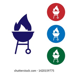 Blue Barbecue grill icon isolated on white background. BBQ grill party. Set color icon in circle buttons. Vector Illustration