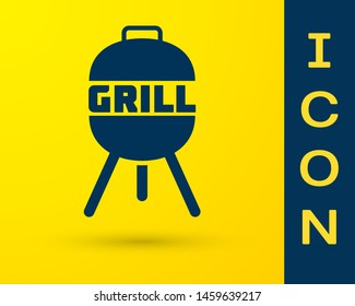 Blue Barbecue grill icon isolated on yellow background. BBQ grill party. Vector Illustration