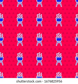 Blue Barbecue grill icon isolated seamless pattern on red background. BBQ grill party.  Vector Illustration