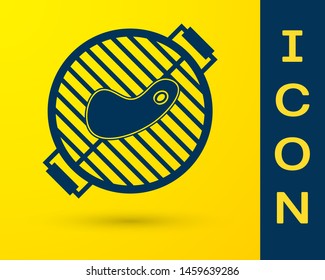 Blue Barbecue grill with steak icon isolated on yellow background. BBQ grill party. Vector Illustration