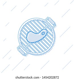 Blue Barbecue grill with steak line icon isolated on white background. BBQ grill party. Vector Illustration