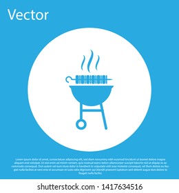 Blue Barbecue grilled shish kebab on skewer stick icon isolated on blue background. BBQ meat kebab on skewer stick. Picnic with grill meat. White circle button. Vector Illustration