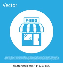 Blue Barbecue shopping building or market store icon isolated on blue background. BBQ grill party. Shop construction. White circle button. Vector Illustration