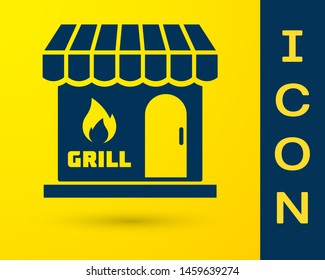 Blue Barbecue shopping building or market store icon isolated on yellow background. BBQ grill party. Shop construction. Vector Illustration