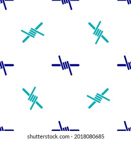 Icono de alambre de púas azules aislado de un patrón sin fisuras en fondo blanco.  Vector