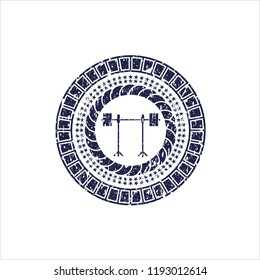Blue barbell on rack icon inside distressed rubber grunge texture seal