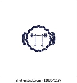 Blue barbell on rack icon inside distressed grunge stamp