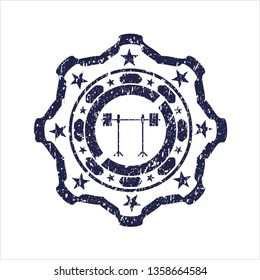Blue barbell on rack icon inside distressed rubber stamp with grunge texture
