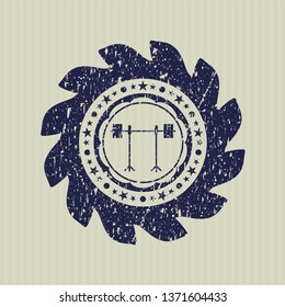 Blue barbell on rack icon inside distress rubber grunge seal