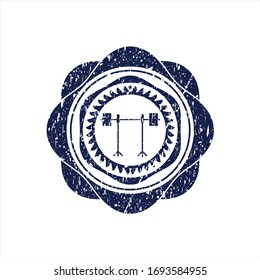 Blue barbell on rack icon inside distress rubber seal