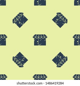 Blue Barbershop building icon isolated seamless pattern on yellow background.  Vector Illustration