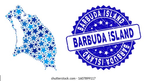 Blue Barbuda Island map mosaic of stars, and distress round seal. Abstract geographic scheme in blue color tinges. Vector Barbuda Island map is organized of blue stars.