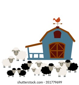 Blue barn house with many black and white sheep on a white background. vector illustration