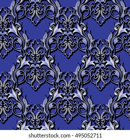 Blue baroque damask elegant vector seamless pattern background wallpaper illustration with vintage antique  floral  3d flowers and ornaments.