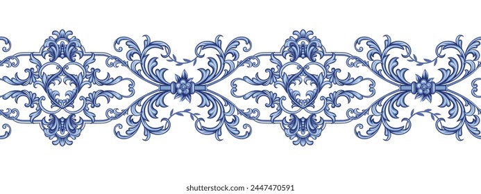 Blue baroque decorative composition, seamless pattern border