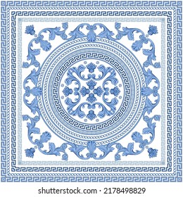 Blue Baroque scrolls, blue Greek key pattern frieze, meander border, floral swirls on a white background. Scarf, bandana print, neckerchief, square pocket range, handkerchief, carpet 
