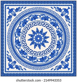 Blue baroque scrolls, indigo Greek key pattern, meander border, floral carved frame, grapevine garland on a beige background. Scarf, bandana print, neckerchief, square pocket range