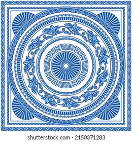 Blue Baroque scrolls, indigo Greek key pattern frieze, meander border, floral frame, grapevine garland on a white background. Scarf, bandana print, neckerchief, square pocket range