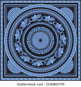 Blue Baroque scrolls, indigo Greek key pattern frieze, meander border, floral frame, grapevine garland on a black background. Scarf, bandana print, square pocket range