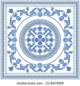 Blue Baroque scrolls, indigo Greek key pattern frieze, meander border, floral swirls on a white background. Scarf, bandana print, neckerchief, square pocket range, handkerchief, carpet 