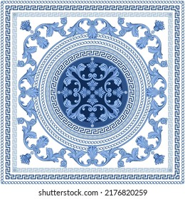 Blue Baroque scrolls, indigo Greek key pattern frieze, meander border, floral swirls, dark blue rosette on a white background. Scarf, bandana print, neckerchief, square pocket range, handkerchief