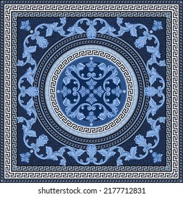 Blue Baroque scrolls, indigo Greek key pattern frieze, silver chain, meander border, floral swirls on a blue and black leopard skin background 