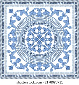 Blue Baroque scrolls, indigo Greek key pattern frieze, silver chain, meander border, floral swirls on a white background 