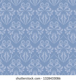 Blue baroque style damask vector seamless pattern background. Flourish texture is perfect for upholstery fabric, wedding decor, invitation cards, wallpaper, home decor.