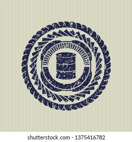 Blue barrel icon inside distressed rubber stamp with grunge texture
