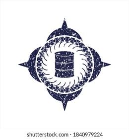 Blue barrel icon inside distressed rubber grunge texture seal. 
