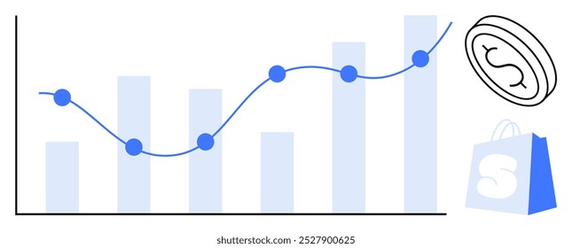 Barras azules de diferentes alturas y un gráfico de líneas que muestra una tendencia ascendente. Una bolsa de compras con un signo de dólar y una moneda son visibles. Ideal para negocios, finanzas, compras, crecimiento, economía