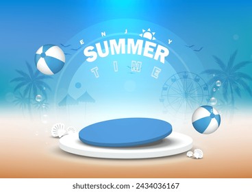 Blue base tilted on white pedestal for Summer advertising product with beach balls, shells, beach party silhouette scene on beach background. Abstract background. Vector illustration.