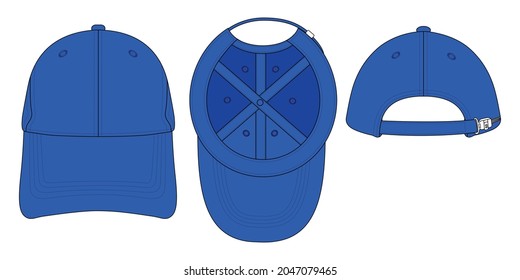 Blue Baseball Cap With Adjustable Slide Buckle Plastic Zip Vector.Front, Under and Back View.