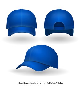 Blue baseball cap set front side view isolated on white background