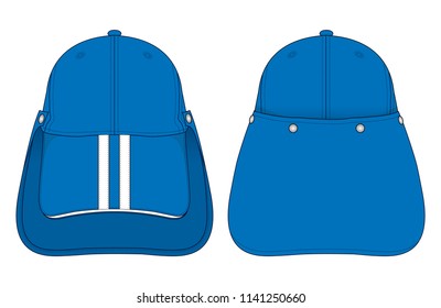 
Blue Baseball Cap With UV Protection Cover Neck, Double White Line Brim Cap Design On White Background