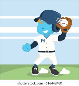 blue baseball player catching ball