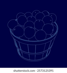 Blue basket filled with oranges. The oranges are all different sizes and are arranged in a way that makes them look like they are floating in the basket