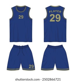 Blue basketball jersey mockup front and back view. Vector illustration