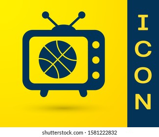 Blue Basketball match on tv program icon isolated on yellow background.  Vector Illustration