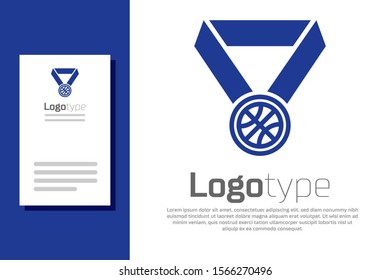Blue Basketball medal with ribbon icon isolated on white background. Logo design template element. Vector Illustration
