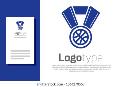 Blue Basketball medal with ribbon icon isolated on white background. Logo design template element. Vector Illustration