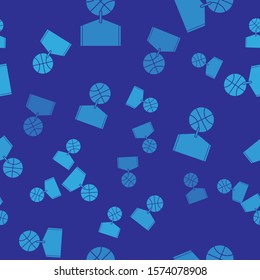Blue Basketball medal with ribbon icon isolated seamless pattern on blue background.  Vector Illustration